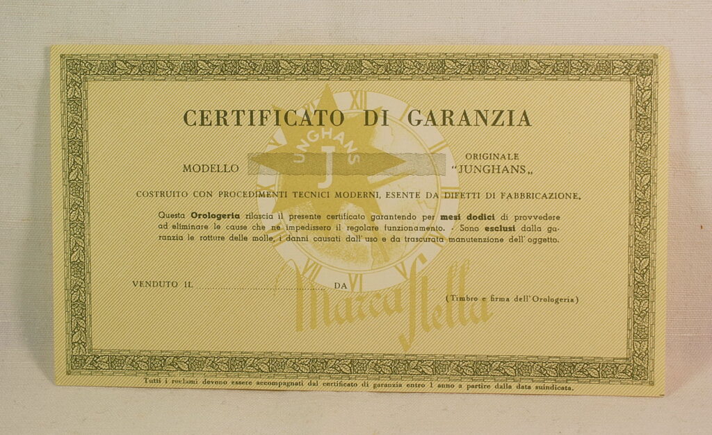 JUNGHANS - white guarantee certificate for clocks and watches - presumably the 1960s
