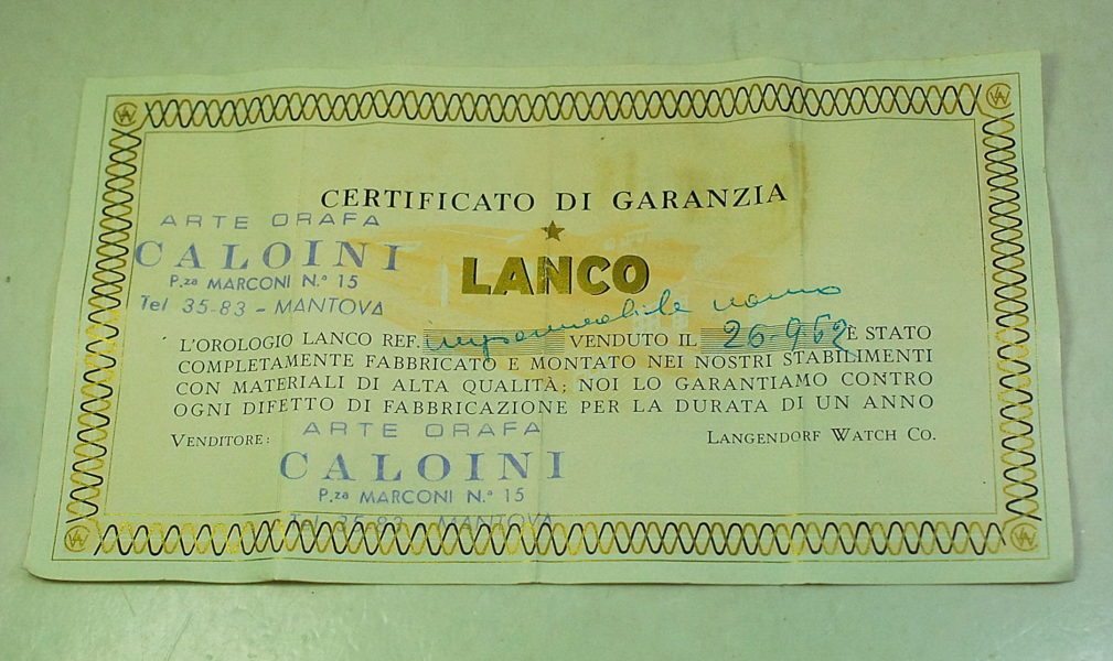 ( VENDUTA ) LANCO certificato di garanzia del 1962 per orologi impermeabili da uomo