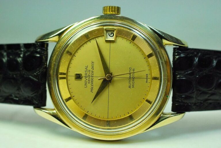 ( VENDUTO - SOLD IN U.K. ) UNIVERSAL GENEVE POLEROUTER DATE- cassa in acciaio incaplusata oro giallo