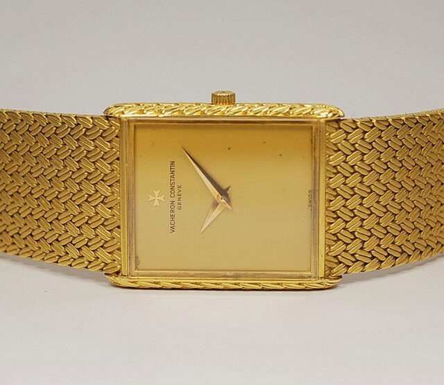 ( SOLD ) VACHERON CONSTANTIN elegant rectangular 18k yellow gold men's watch with integrated bracelet - presumably 1970s