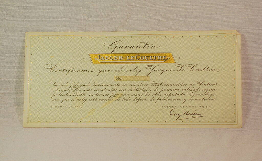 ( VENDUTA IN ITALIA ) JAEGER LE COULTRE rarissimo certificato di garanzia anni '50/'60- bianco da compilare - scritto in lingua Spagnola
