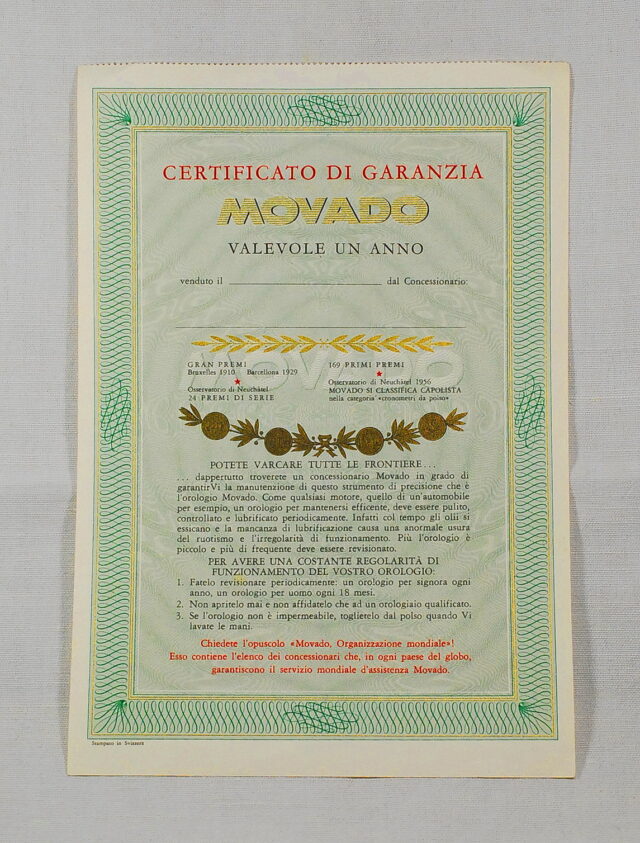 MOVADO guarantee certificate - compiled for 