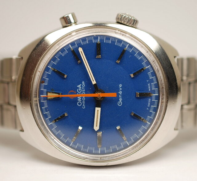 ( SOLD ) OMEGA CHRONOSTOP chronograph ref. 145.010, rare version with blue dial with original bracelet, produced in 1967